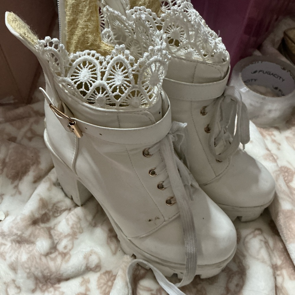White Lace-Up Ankle Boots